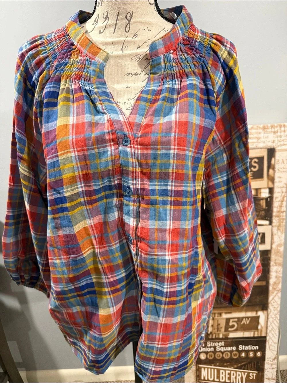 Time and Tru Red Blue Yellow Plaid Button-Front Tunic